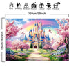 A large decorative polyester photo backdrop banner featuring a vibrant Disney-style castle surrounded by pink cherry blossoms