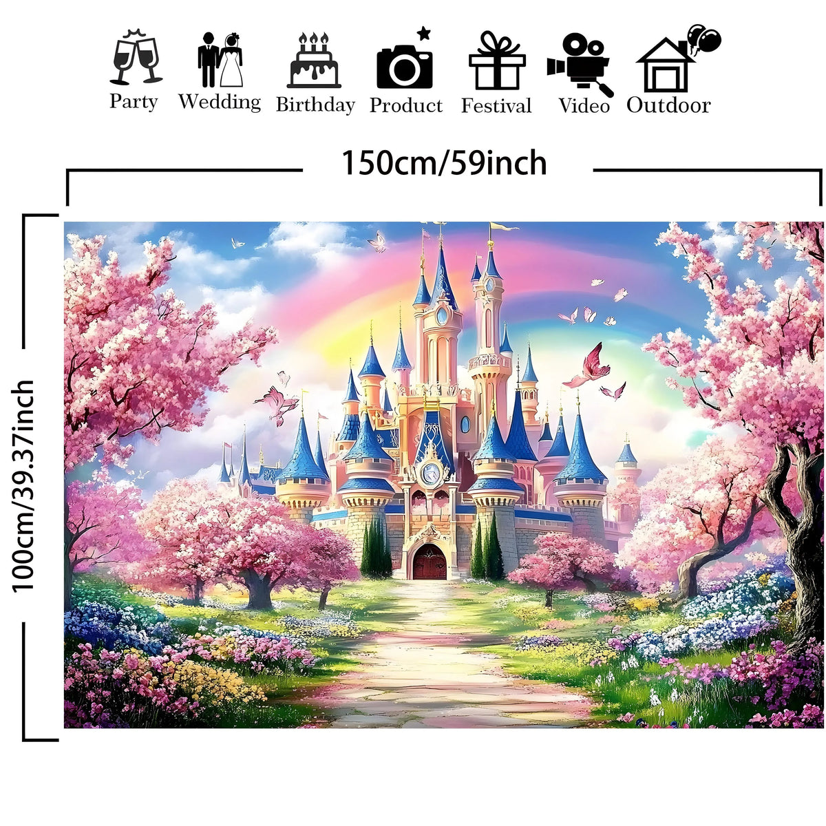 A large decorative polyester photo backdrop banner featuring a vibrant Disney-style castle surrounded by pink cherry blossoms