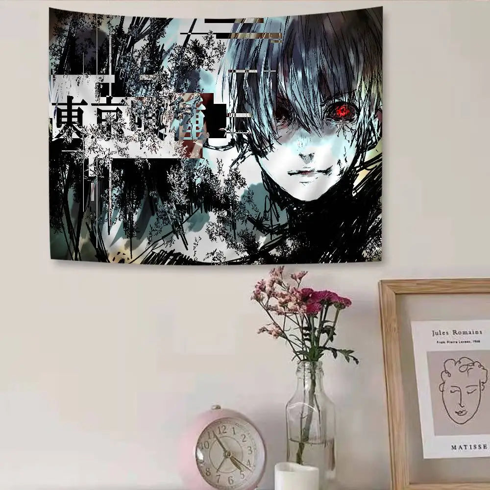 A dark, stylized anime tapestry featuring a character with intense eyes and dark hair against a moody background.