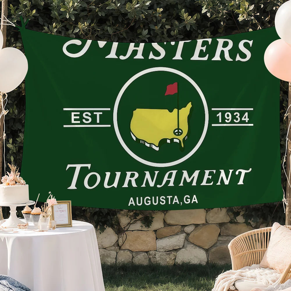 Banner verde oscuro con texto blanco anunciando el torneo 'Masters Est 1934 Augusta, GA'
