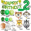 A set of safari jungle balloon garland arch kit featuring various colored balloons, palm leaves, and animal-themed decoration