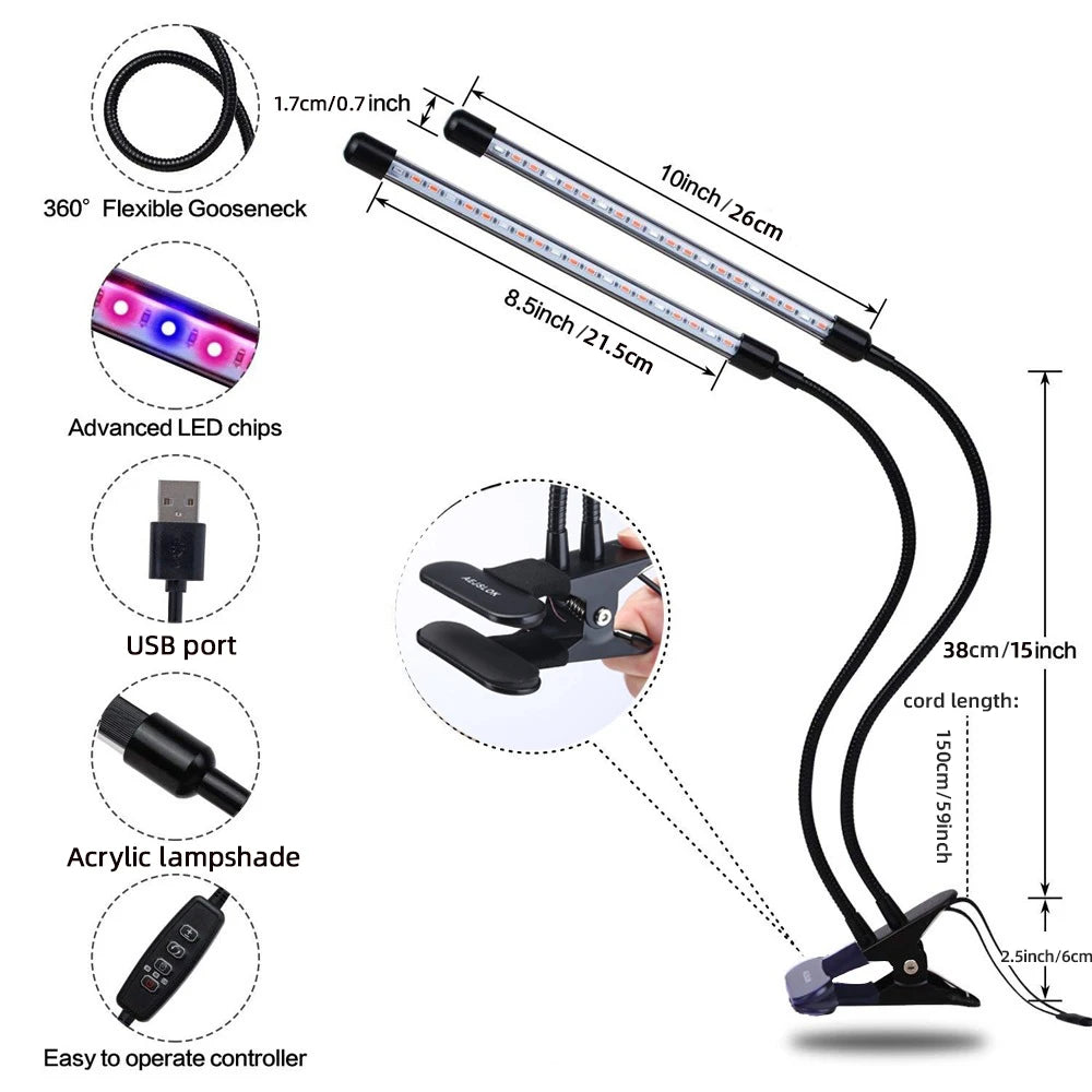A USB LED plant grow light with adjustable brightness levels and a timer, shown with various components.