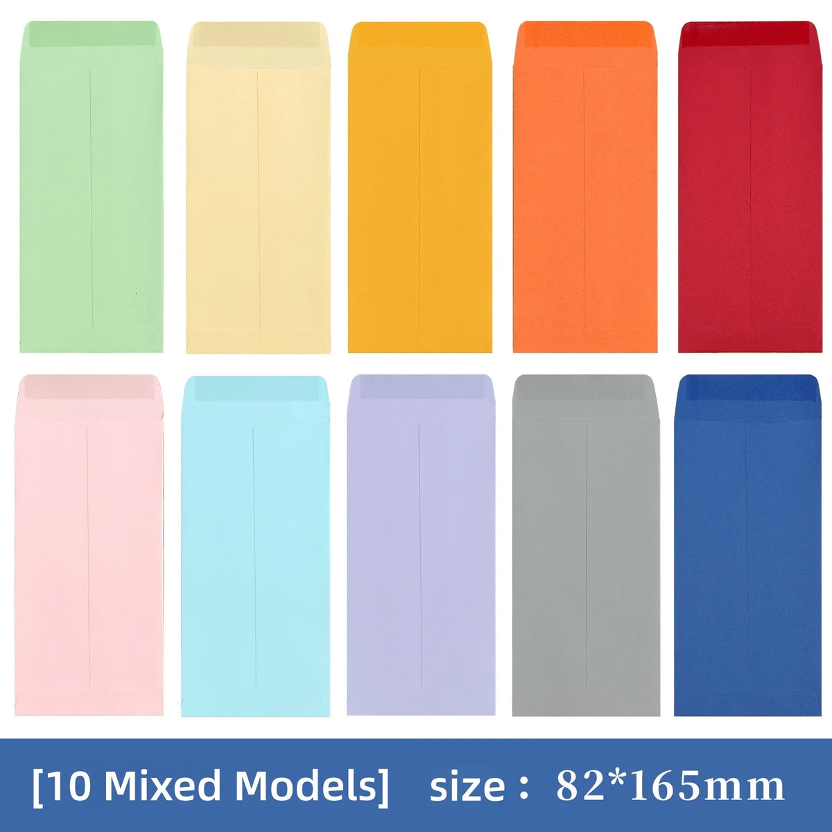 Ten side-loading cash envelopes in various bright and muted colors including green, yellow, orange, red, pink, blue, and gray