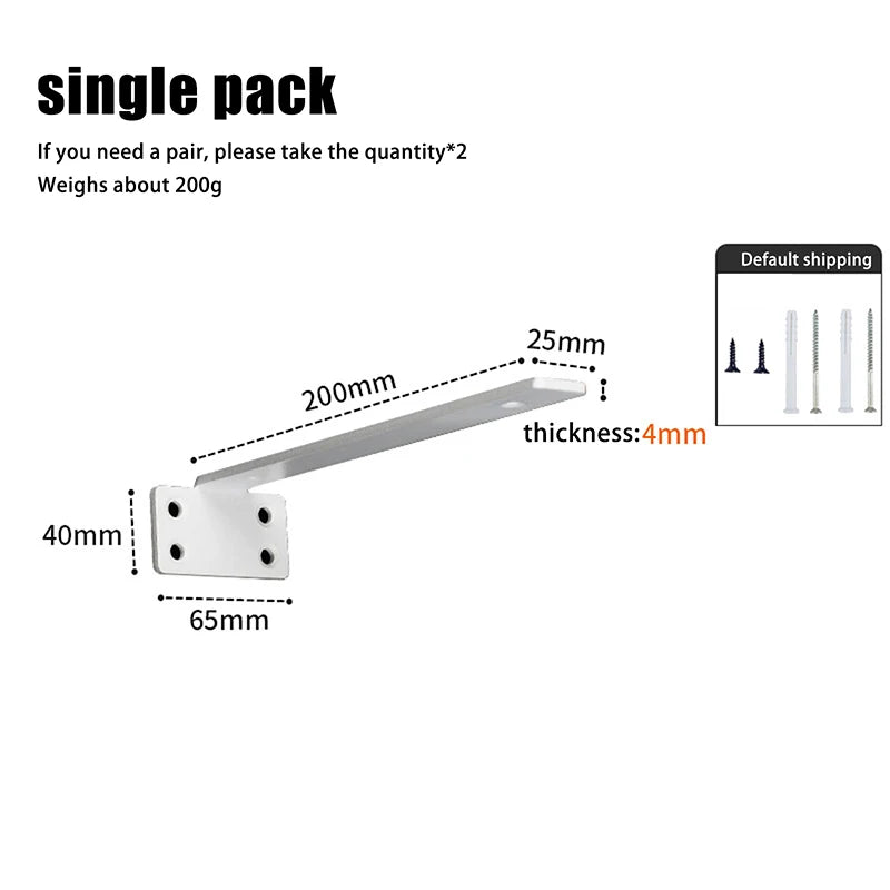 A single floating shelf bracket is shown with dimensions including length, thickness, and mounting holes.