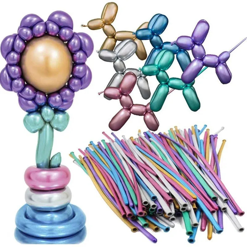 A collection of glossy latex modeling balloons in purple, teal, and gold are displayed for party decor.