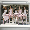 Five models posing in pink and white outfits against a rustic backdrop for a birthday party decoration set.
