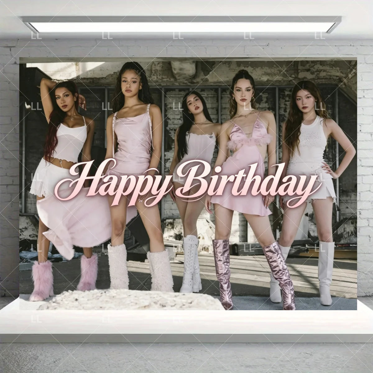 Five models posing in pink and white outfits against a rustic backdrop for a birthday party decoration set.