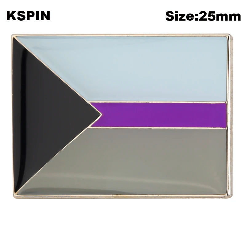 A square lapel pin featuring a geometric design with black, purple, and light blue sections.