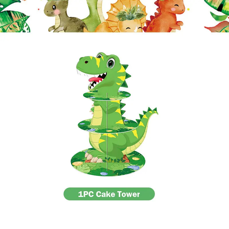 A green dinosaur cake tower made of fondant or modeling clay, suitable for a birthday party.
