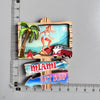 A set of fridge magnets featuring a palm tree, a woman, and text reading Miami Just Surf.