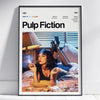 A framed poster titled Pulp Fiction featuring a film scene with a woman smoking and a man in the background.