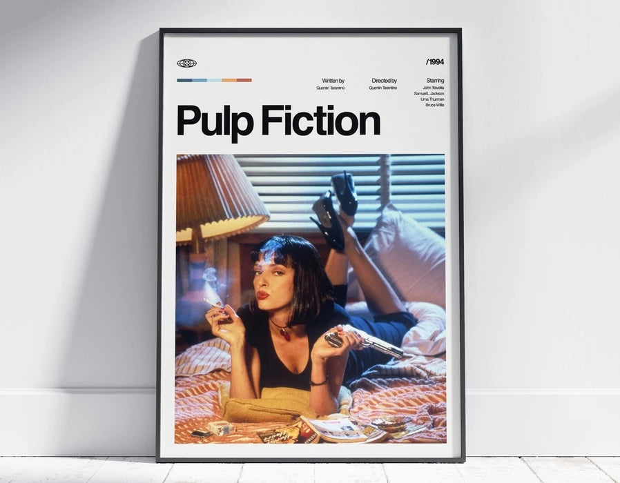 A framed poster titled Pulp Fiction featuring a film scene with a woman smoking and a man in the background.