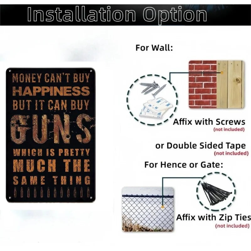 Installation options for a vintage metal tin sign, showing how to affix it with screws or double-sided tape.