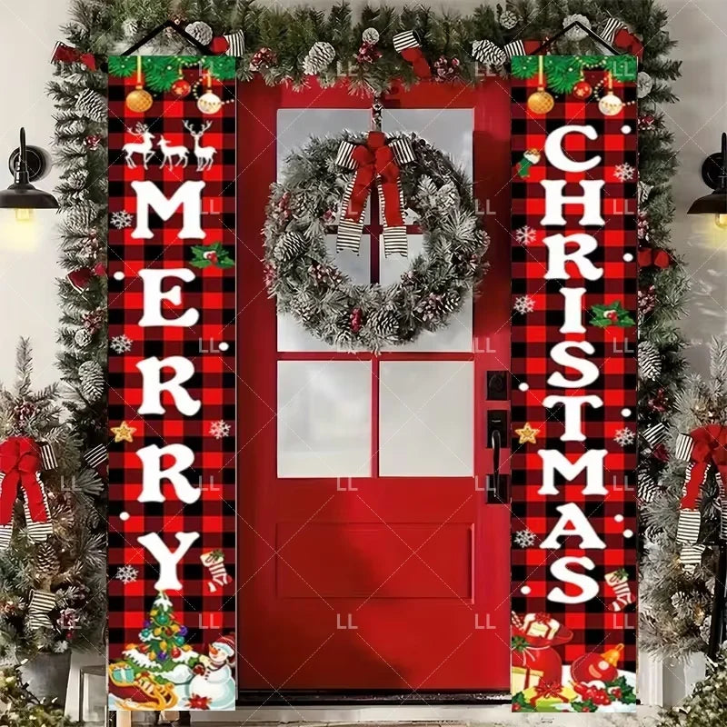 A festive Christmas door banner featuring holiday greetings on a red door decorated with evergreen garlands and ornaments.