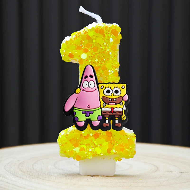 A yellow birthday candle shaped like the number one, decorated with SpongeBob SquarePants characters.