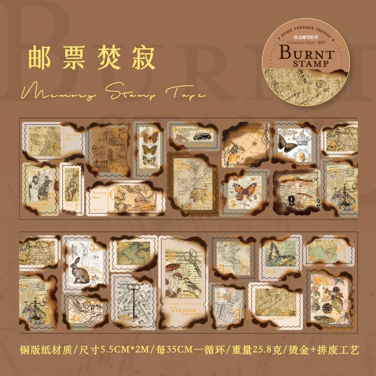 A collection of vintage memory stamp tape products featuring various aged paper designs and stamps.