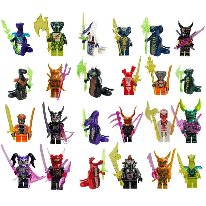 A collection of golden ninja building block figures in various colors and styles.