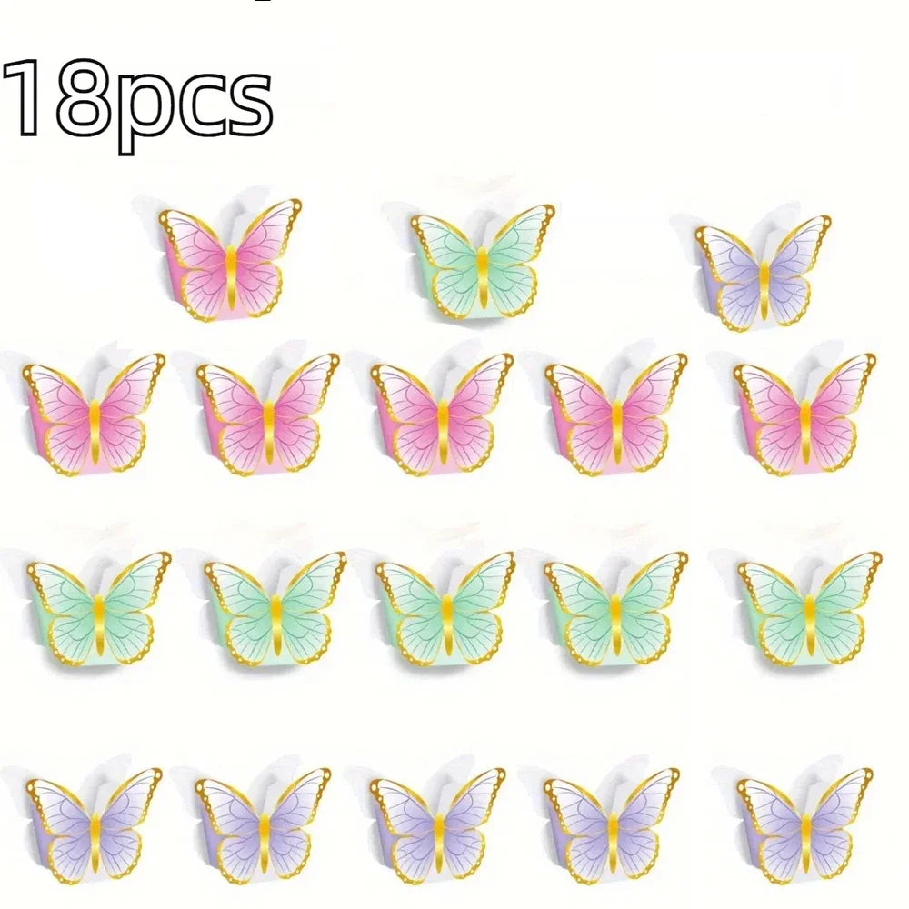 A set of 18 colorful butterfly decorations for a garden party table