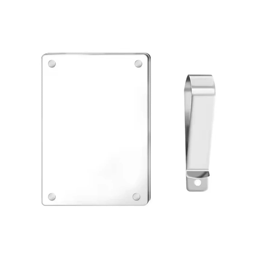 A silver rectangular clip decoration for a car visor.