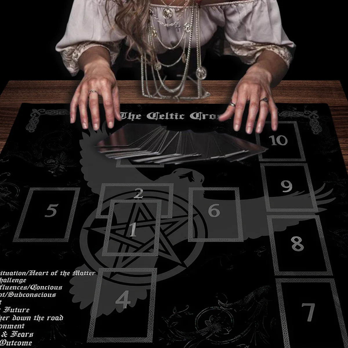 A dark altar cloth featuring a Celtic Cross design with numbered sections for tarot and divination.