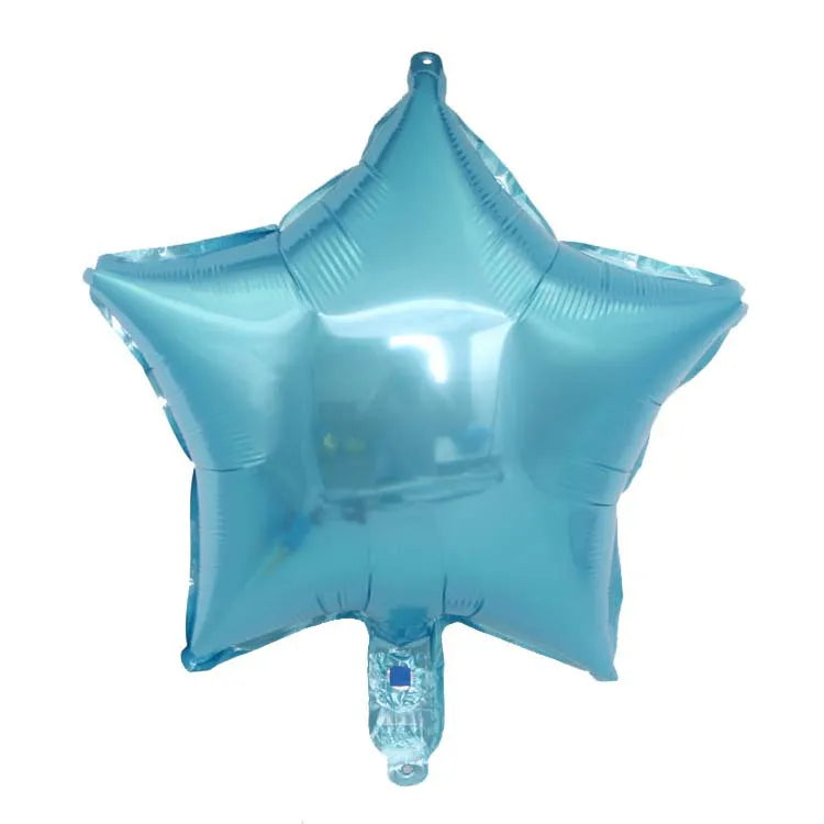 A light blue foil star balloon with a heart shape attached.