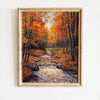 Oil painting of an autumn forest stream with vibrant orange and yellow foliage.