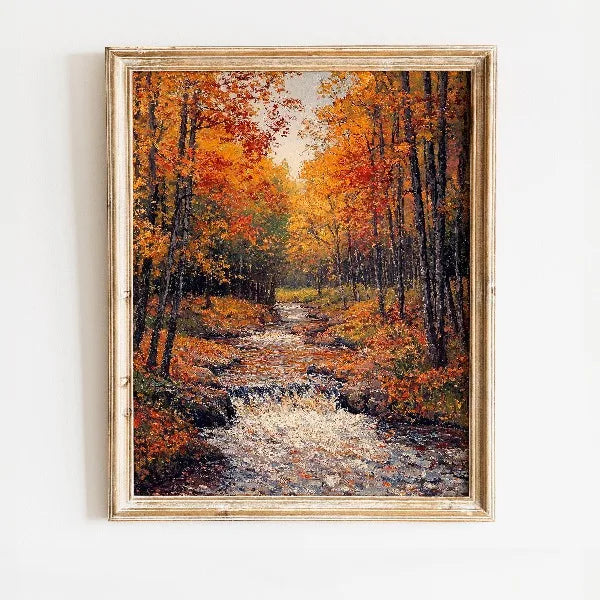 Oil painting of an autumn forest stream with vibrant orange and yellow foliage.