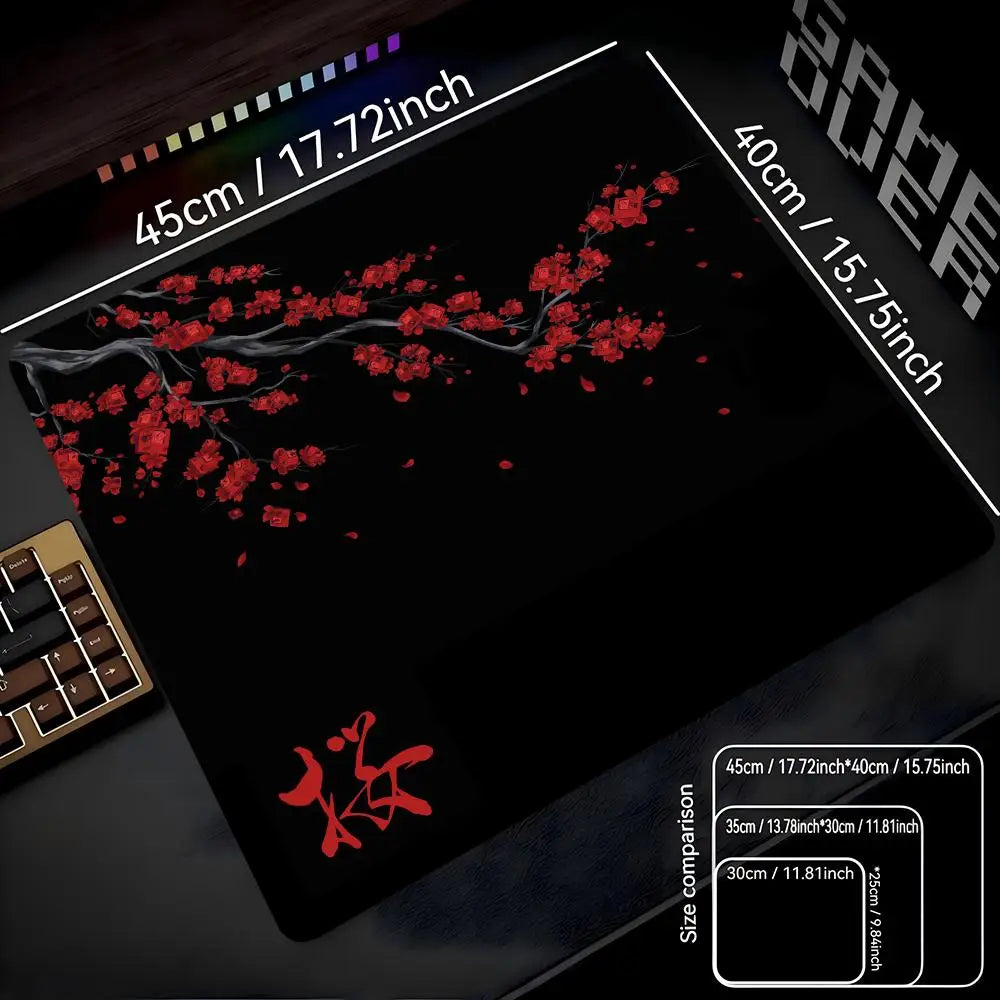 A black gaming mouse pad featuring a red cherry blossom design and various size comparisons.