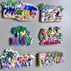 A collection of colorful fridge magnets featuring Miami and Florida themed designs.