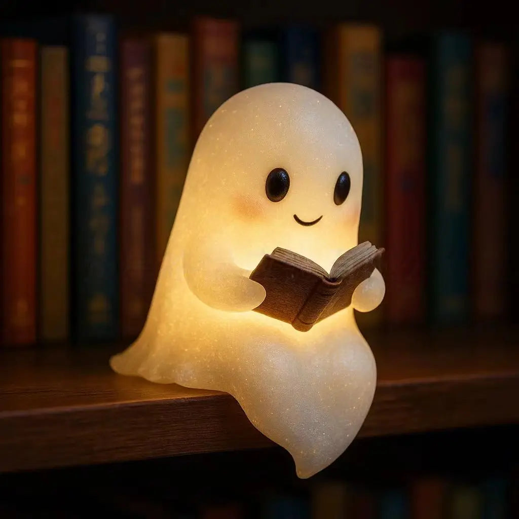 A cute ghost night light shaped like a glowing white figure reading a book on a wooden shelf.