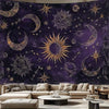 A dark purple tapestry featuring gold crescent moons, suns, and stars against a starry sky background.