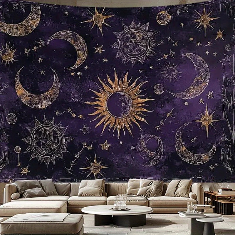 A dark purple tapestry featuring gold crescent moons, suns, and stars against a starry sky background.