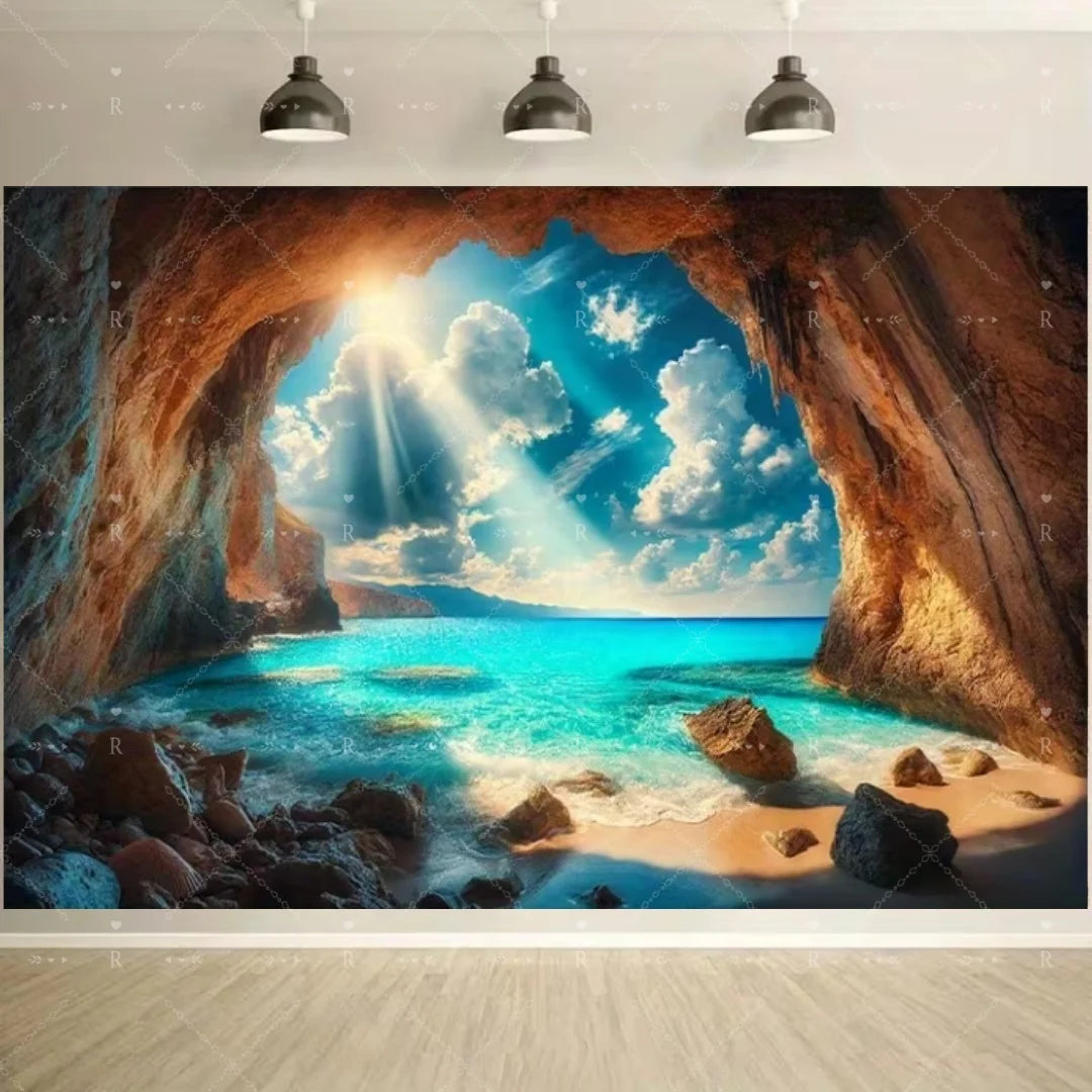 A dramatic photo of a turquoise sea cave entrance with sunlight streaming through, showcasing a tropical beach landscape.