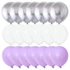A pack of 40 matte latex balloons in silver, white, and purple colors.