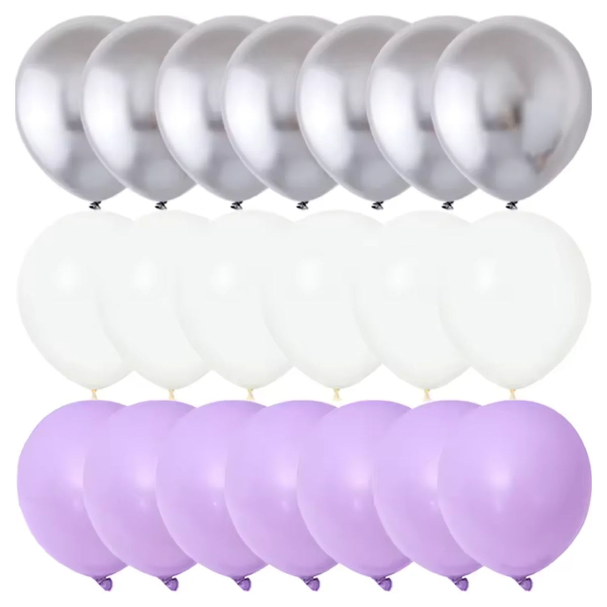 A pack of 40 matte latex balloons in silver, white, and purple colors.