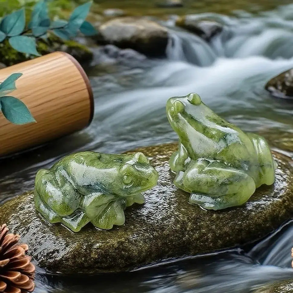 Une petite figurine de grenouille de jade verte translucide repose sur une roche moussue dans un ruisseau.