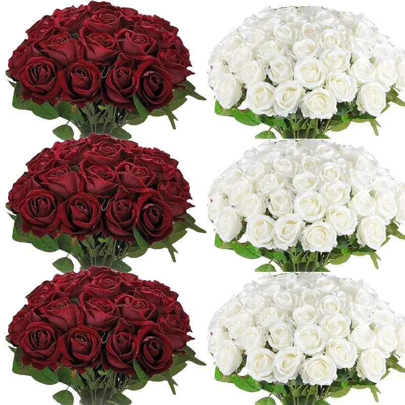 A collection of artificial roses in deep red and white colors displayed in bouquets.