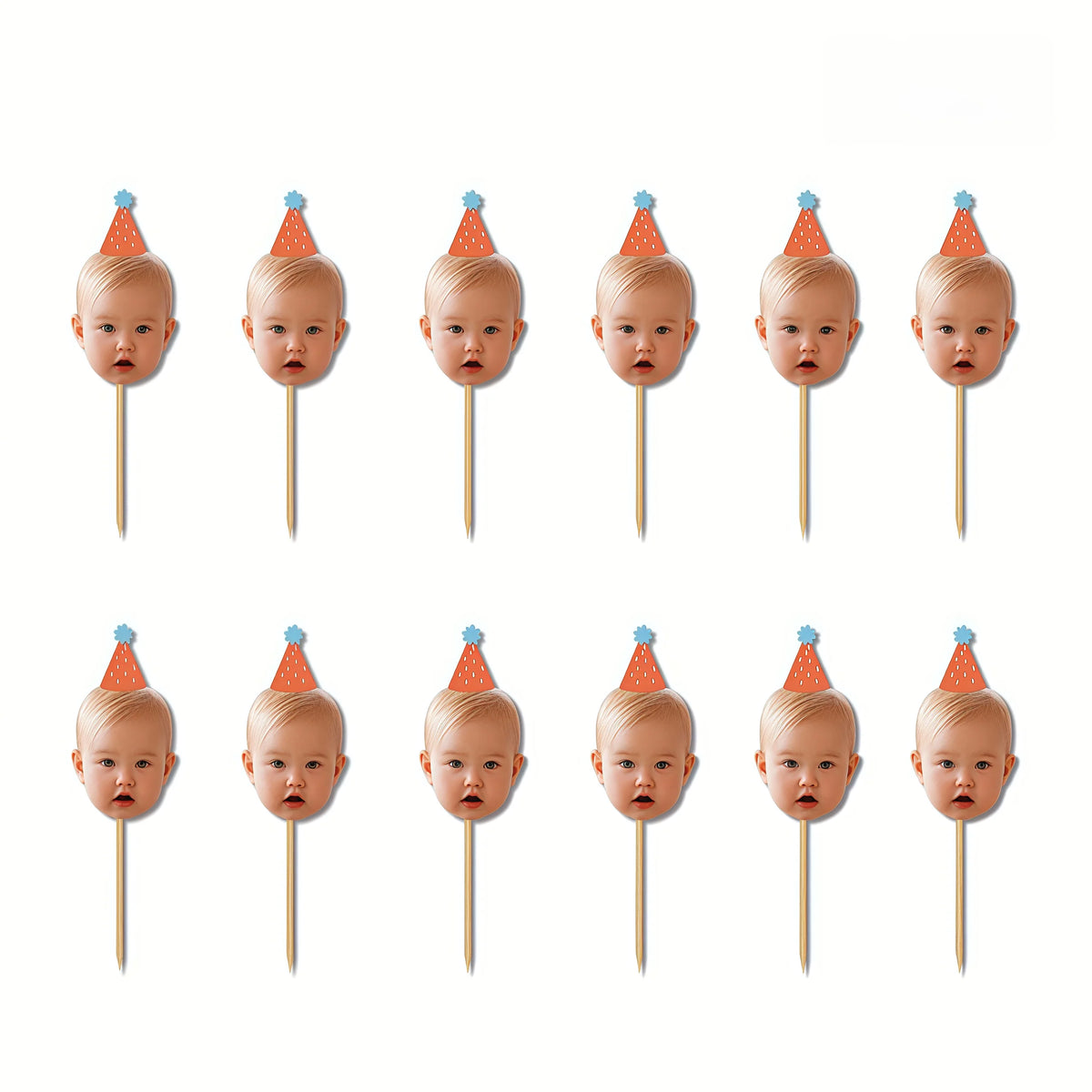A set of ten personalized baby photo cupcake toppers featuring baby heads on orange paper cones.