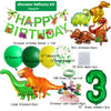 Dinosaur balloons kit featuring a banner, foil balloons in various colors, and dinosaur cake toppers.