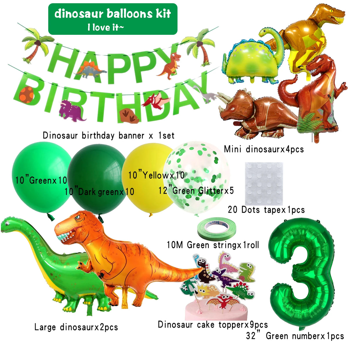 Dinosaur balloons kit featuring a banner, foil balloons in various colors, and dinosaur cake toppers.