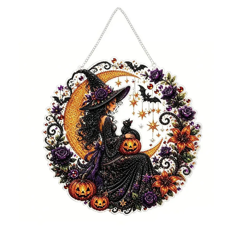 Diamond painting kit featuring a black cat, moon, skull, and pumpkin designs on an acrylic canvas.