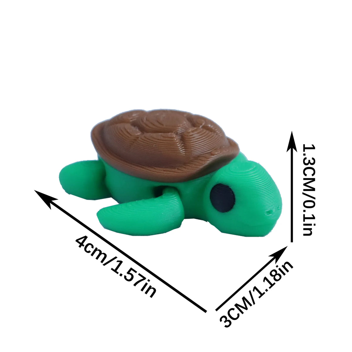 A green and brown turtle figurine with dimensions 4cm long, 3cm wide, and 1.3cm high.