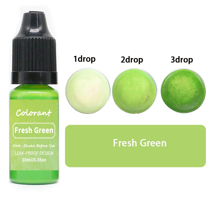 A glass dropper bottle of Fresh Green liquid colorant with three drops shown for soap and candle making