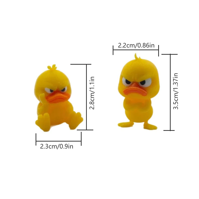 A yellow 3D printed statue of an angry duck with furrowed brows.