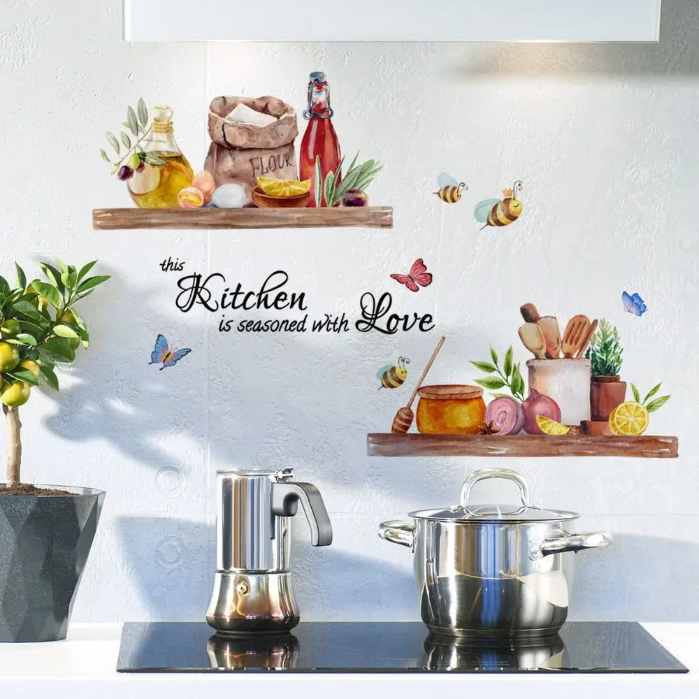 Waterproof bee butterfly wall decals decorating a kitchen shelf with spices and herbs