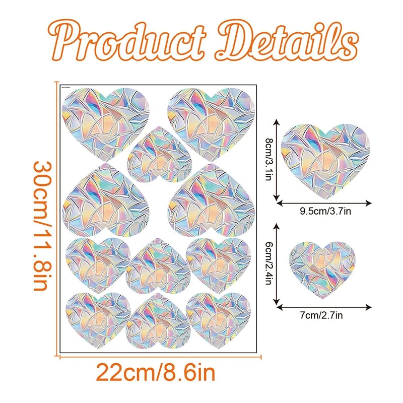 A sheet of rainbow-colored window stickers featuring heart shapes with cat and butterfly designs.