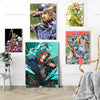 A collection of anime posters featuring characters from JoJo's Bizarre Adventure in various artistic styles and colors.