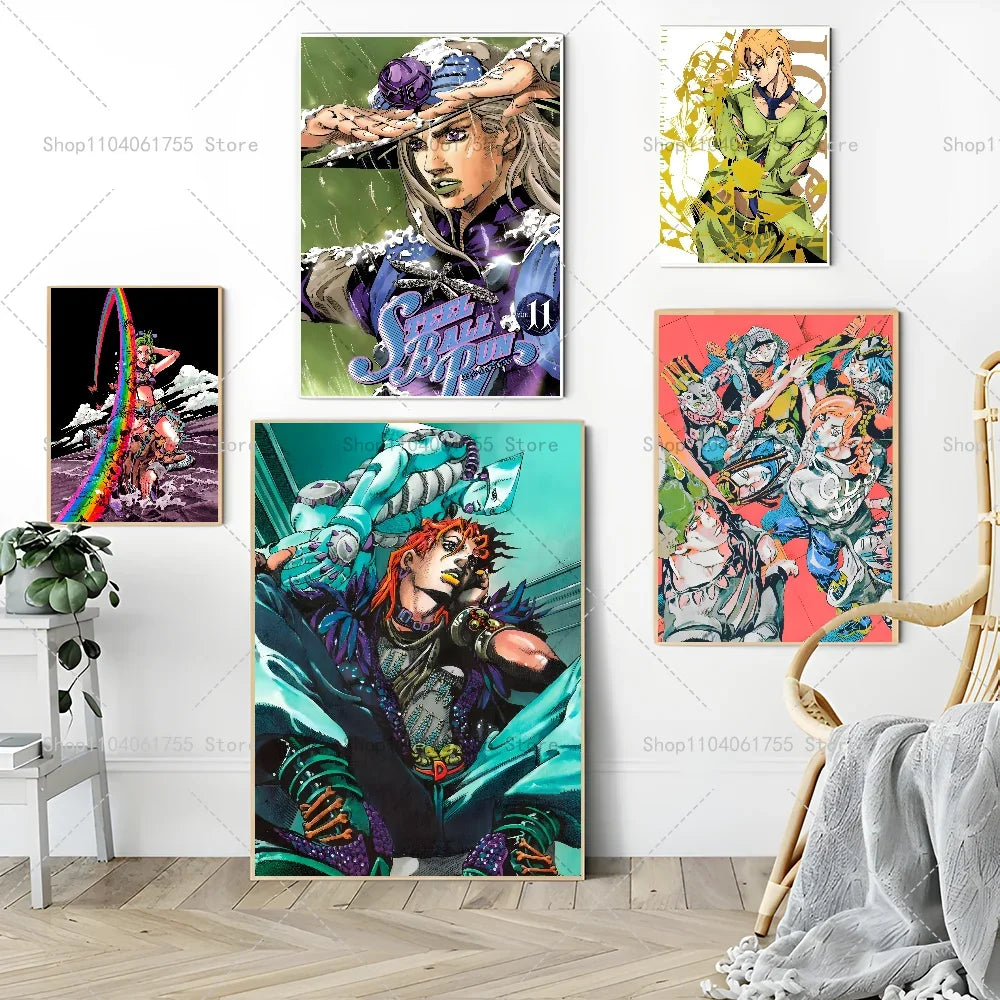 A collection of anime posters featuring characters from JoJo's Bizarre Adventure in various artistic styles and colors.