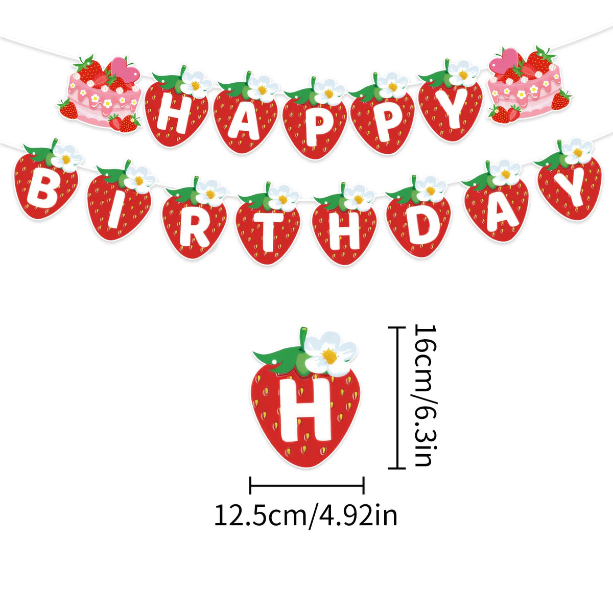 A decorative banner featuring strawberry-themed birthday decorations with happy and birthday text.