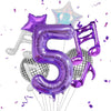 A set of purple musical number balloons, including a star and the number five, scattered with confetti.